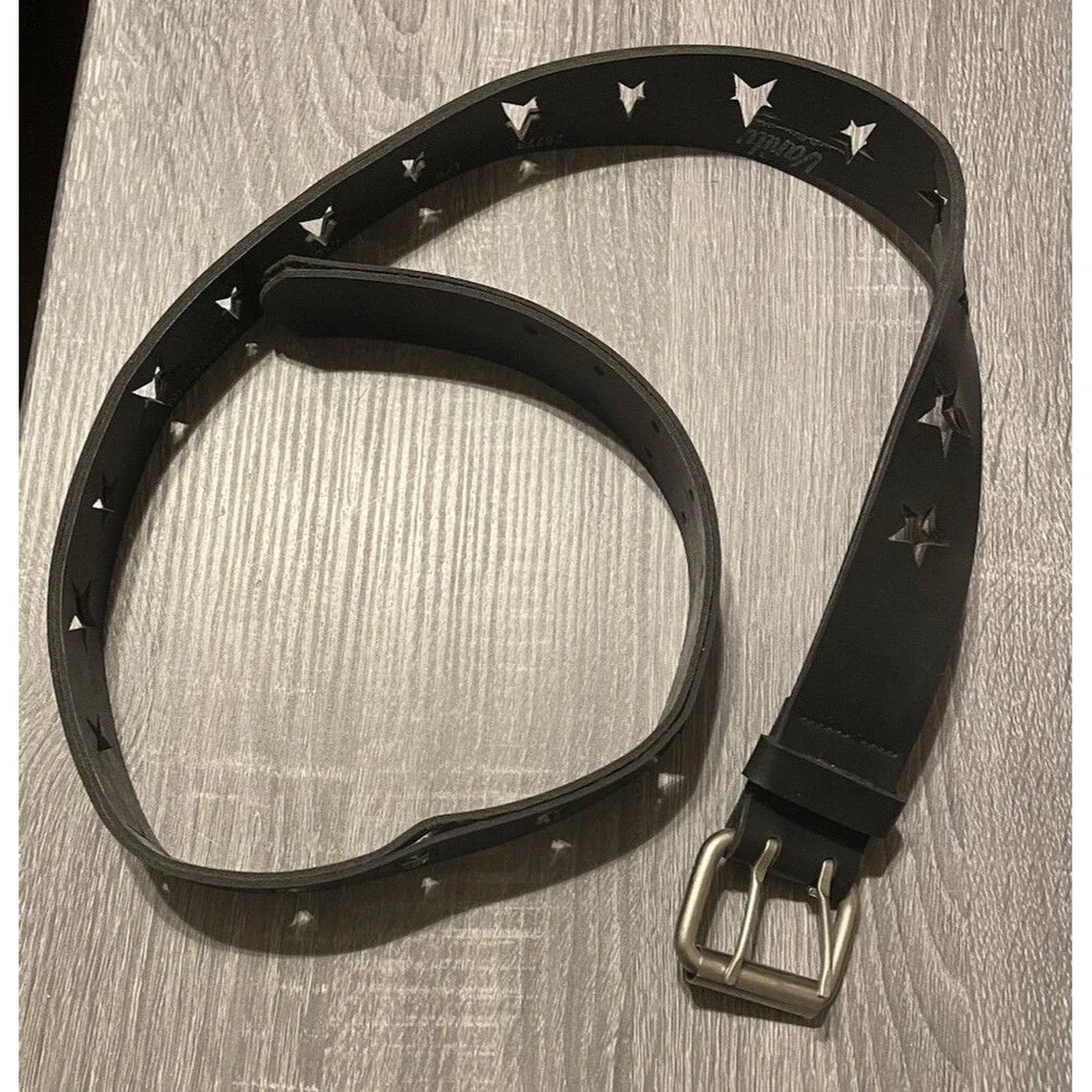 Black Vintage Vanity Stars Cut Out Belt Big Silver Buckle Size Large READ